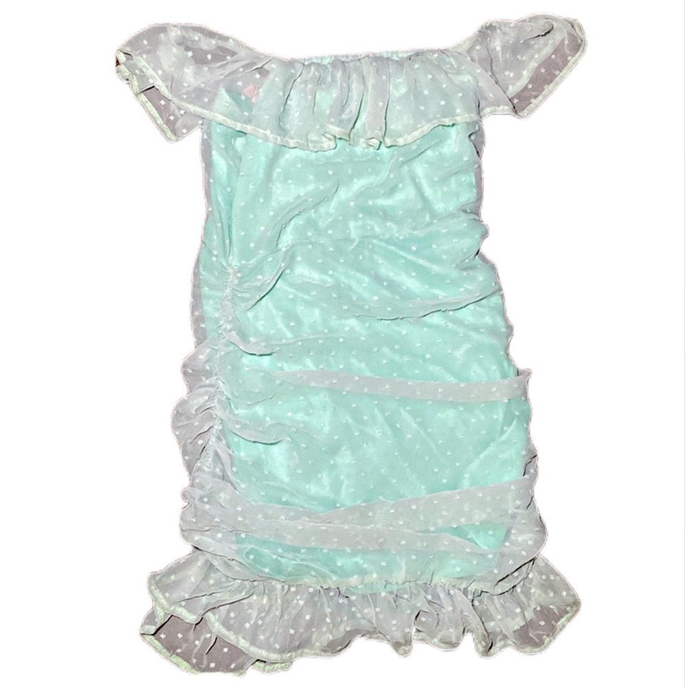 Tiffany Blue with sheer white polka dot overlay ruched bodycon dress